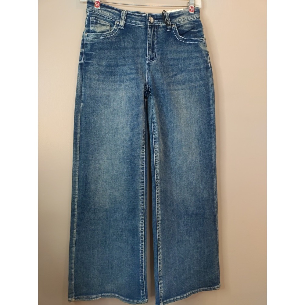 Telepatia Women Junior Mid Rise Wide Leg Embroidery Skull Jeans Size 13/31
